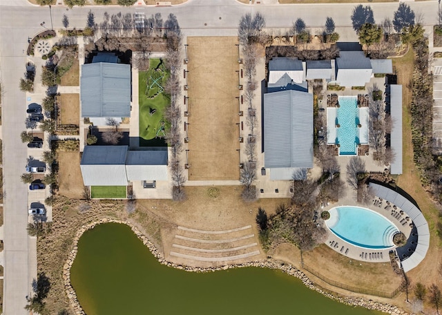 drone / aerial view featuring a water view