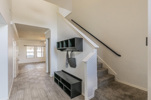 stairs with ceiling fan and ornamental molding