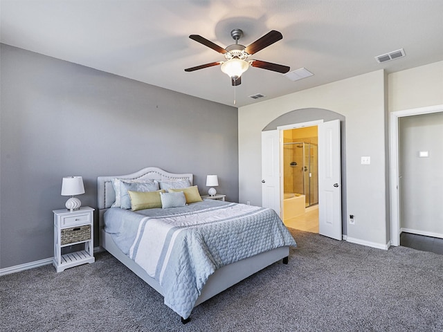 carpeted bedroom featuring ceiling fan and connected bathroom