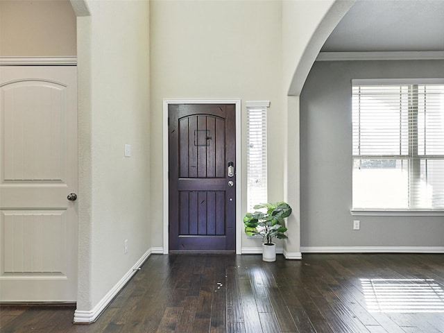 foyer featuring dark hardwood / wood-style floors and crown molding