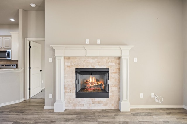 room details featuring hardwood / wood-style floors, stove, and a fireplace