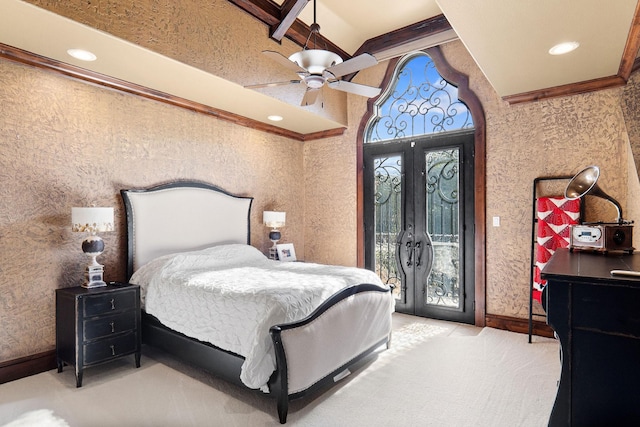 carpeted bedroom featuring beamed ceiling, ceiling fan, and french doors