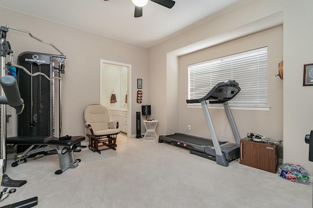 exercise area with carpet floors and ceiling fan