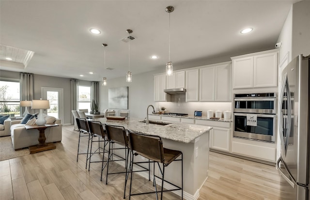 kitchen with sink, hanging light fixtures, stainless steel appliances, white cabinets, and a center island with sink