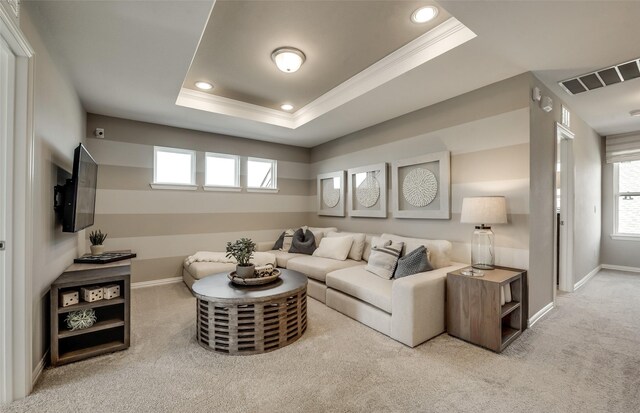 living room with light colored carpet, a raised ceiling, and crown molding