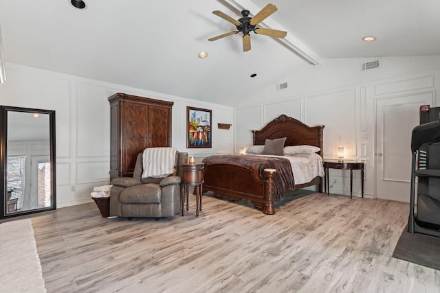 bedroom with vaulted ceiling with beams, light wood-type flooring, and ceiling fan