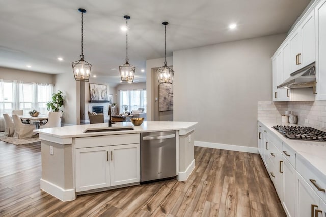 kitchen featuring backsplash, under cabinet range hood, open floor plan, stainless steel appliances, and a sink