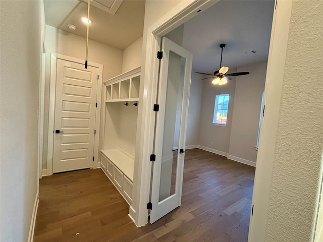 mudroom featuring ceiling fan and hardwood / wood-style flooring