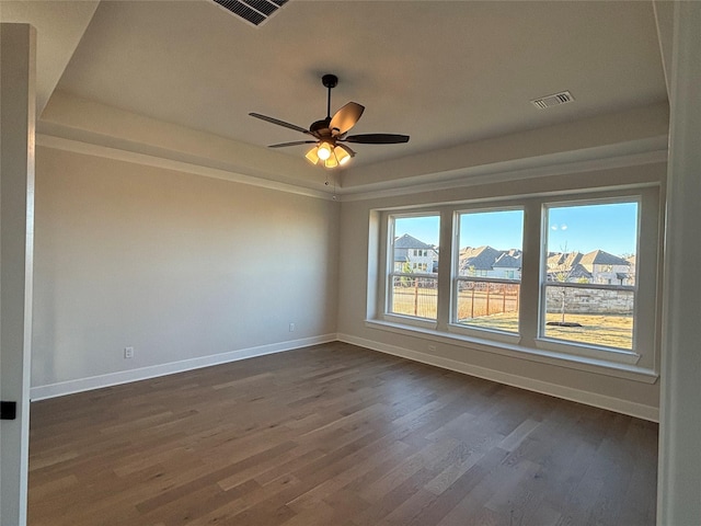 spare room featuring dark hardwood / wood-style floors, plenty of natural light, and a tray ceiling