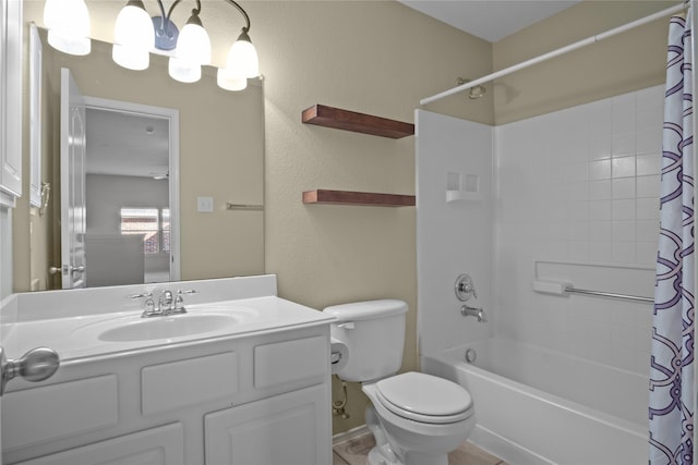 full bathroom with toilet, vanity, and shower / bath combo with shower curtain