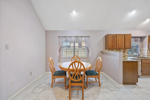 dining room with sink, a healthy amount of sunlight, and a textured ceiling