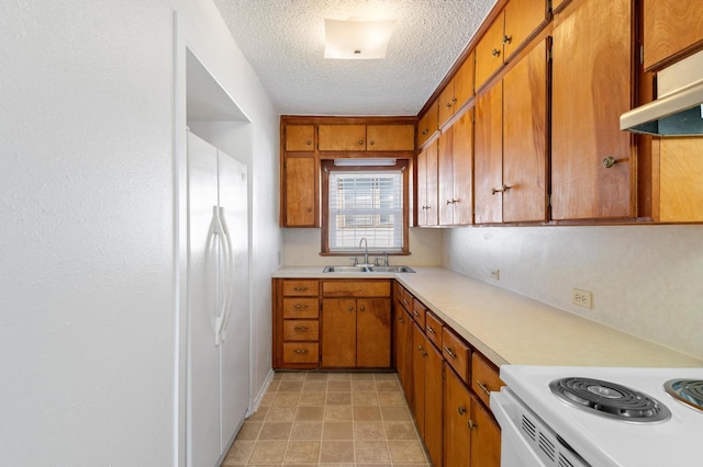 kitchen with a textured ceiling, white fridge, range hood, and sink