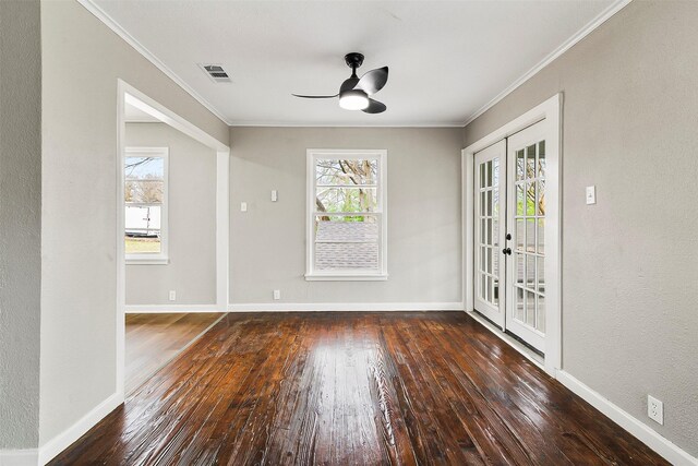 unfurnished dining area with ceiling fan, french doors, a healthy amount of sunlight, and ornamental molding