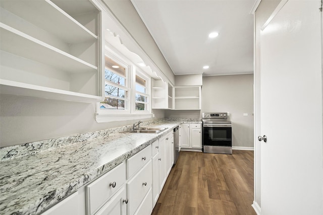 kitchen featuring sink, stainless steel appliances, dark hardwood / wood-style floors, light stone counters, and white cabinets