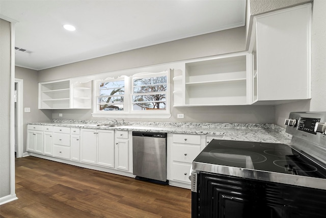 kitchen with sink, light stone counters, appliances with stainless steel finishes, dark hardwood / wood-style flooring, and white cabinetry