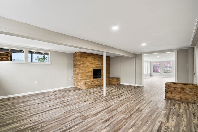 basement featuring a healthy amount of sunlight, a fireplace, and wood-type flooring