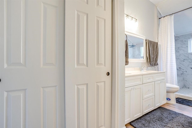 bathroom with curtained shower, vanity, hardwood / wood-style flooring, and toilet