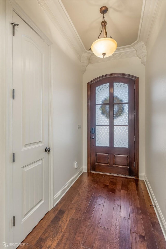 entrance foyer with crown molding and dark hardwood / wood-style flooring