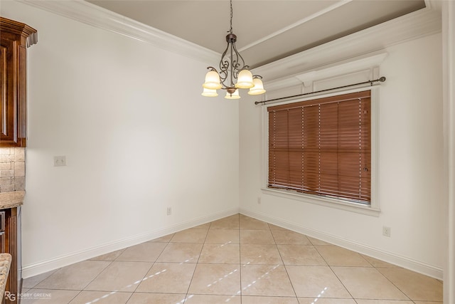 unfurnished dining area featuring light tile patterned floors, crown molding, and a notable chandelier