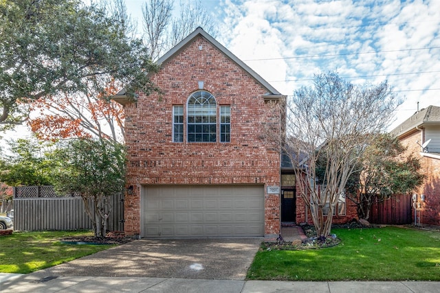 front facade featuring a garage and a front lawn