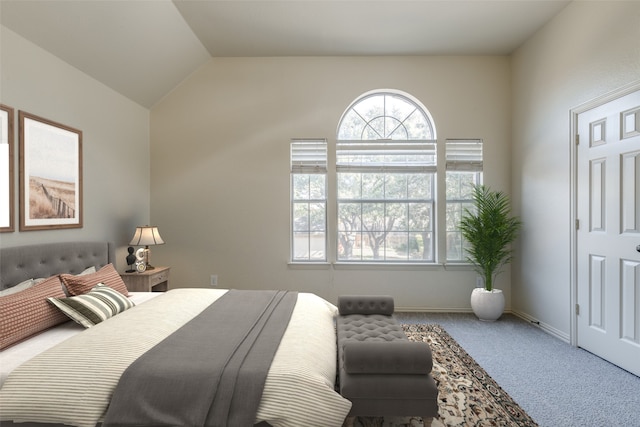 carpeted bedroom featuring lofted ceiling