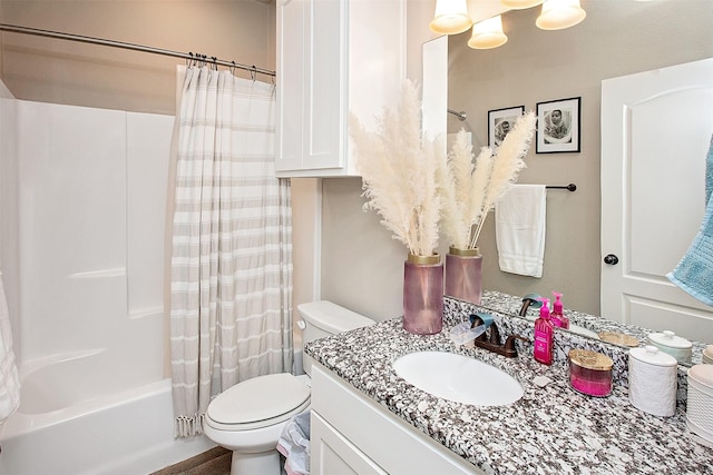 full bathroom with vanity, toilet, and shower / bathtub combination with curtain