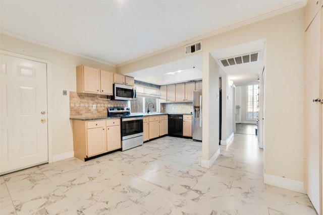 kitchen with sink, decorative backsplash, ornamental molding, light brown cabinetry, and stainless steel appliances