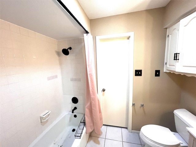 bathroom with shower / tub combo with curtain, toilet, and tile patterned flooring