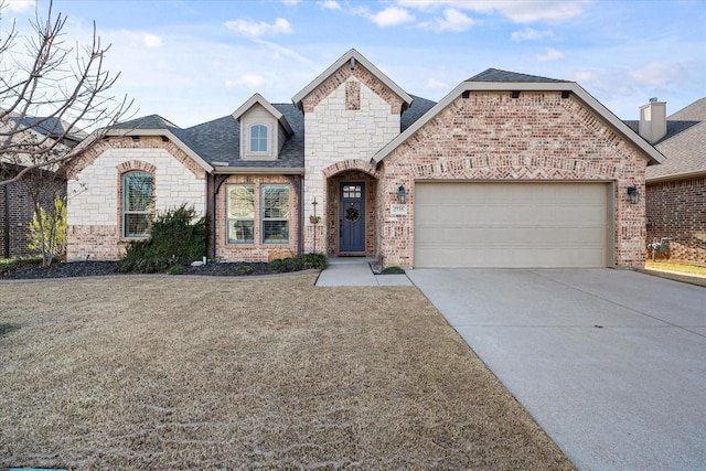 french country inspired facade with a garage and a front yard