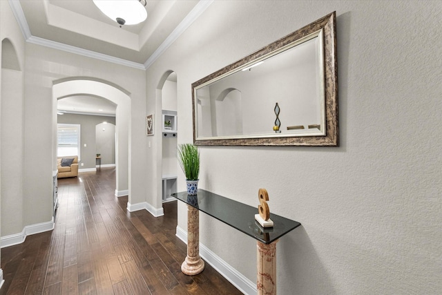 corridor featuring a raised ceiling, crown molding, and dark wood-type flooring