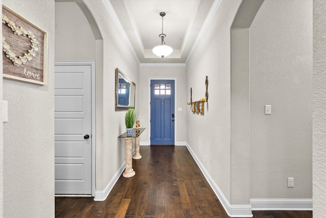 foyer entrance with crown molding, dark wood-type flooring, and a tray ceiling