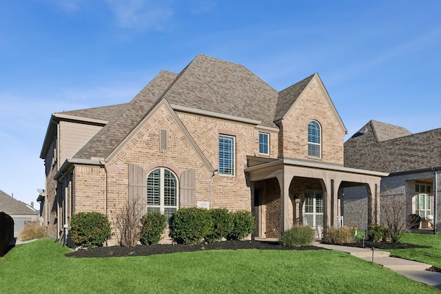 view of front facade featuring brick siding, a front lawn, and a shingled roof