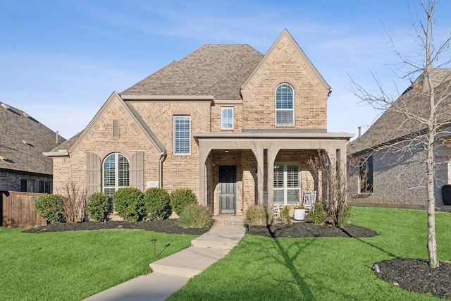 view of front facade featuring a shingled roof, brick siding, and a front lawn