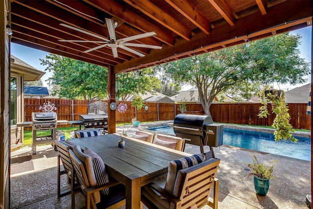 view of patio / terrace featuring a fenced in pool, grilling area, and ceiling fan