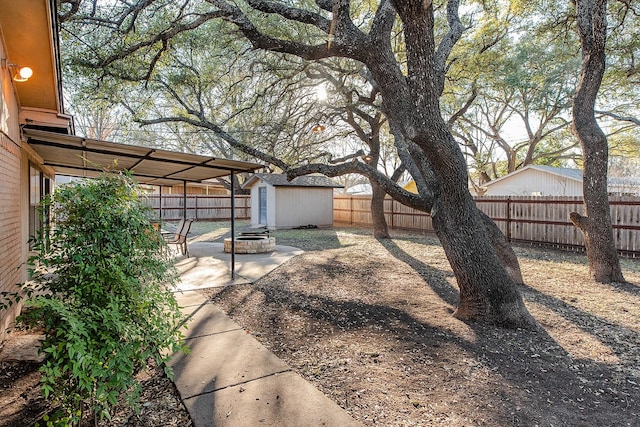 view of yard with a patio area and a storage shed