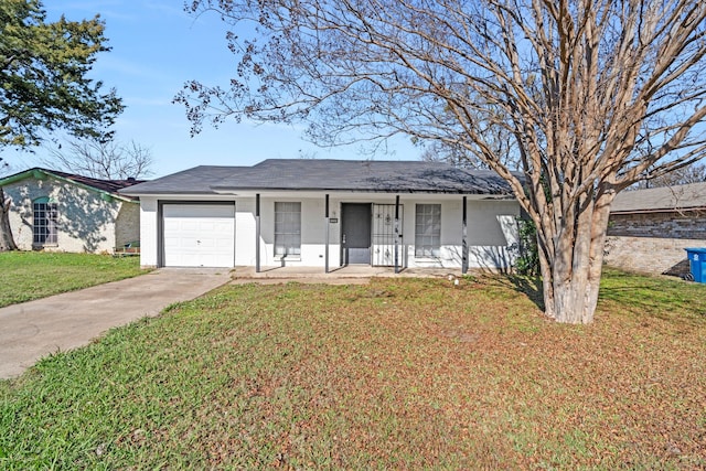 single story home with a porch, a garage, and a front yard