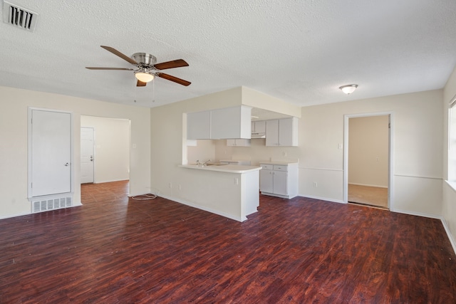 unfurnished living room with dark hardwood / wood-style floors, ceiling fan, sink, and a textured ceiling