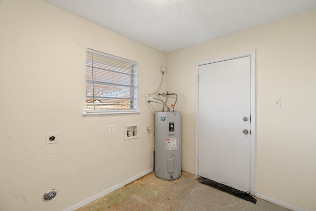 washroom with electric dryer hookup, a textured ceiling, hookup for a washing machine, and water heater