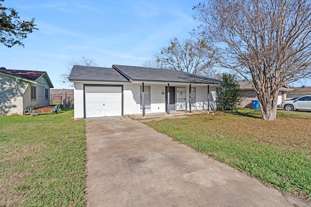 single story home featuring a front yard, a porch, and a garage