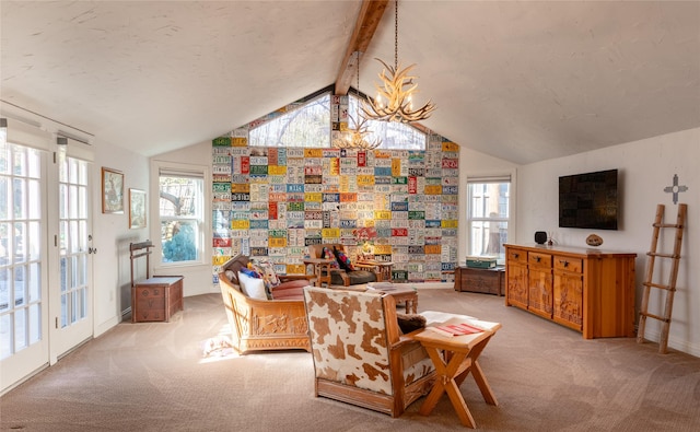 living room featuring lofted ceiling with beams, light colored carpet, a notable chandelier, and a textured ceiling