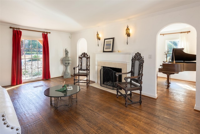 living area featuring crown molding, dark hardwood / wood-style flooring, and a wealth of natural light