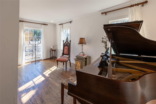 living area with hardwood / wood-style floors and ornamental molding