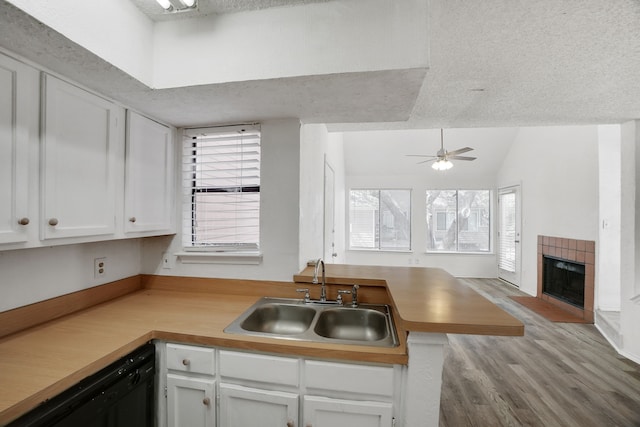 kitchen with white cabinetry, sink, dishwasher, ceiling fan, and kitchen peninsula