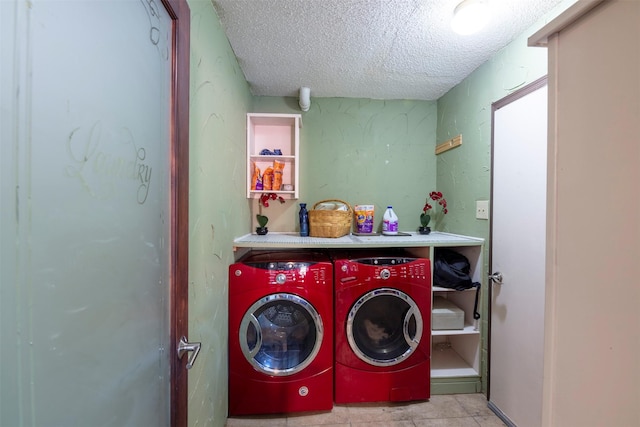 laundry room with a textured ceiling and washing machine and clothes dryer