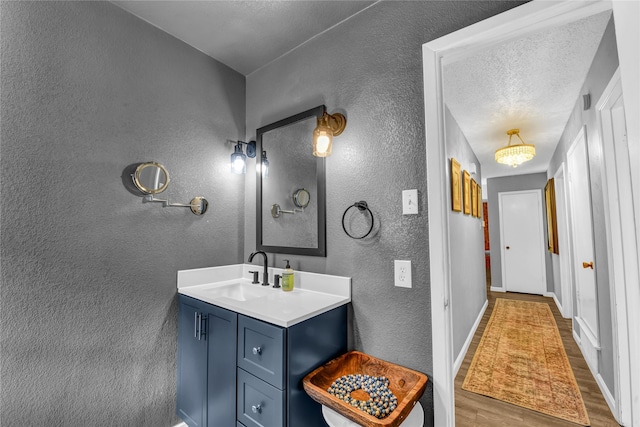 bathroom with vanity, wood-type flooring, and a textured ceiling