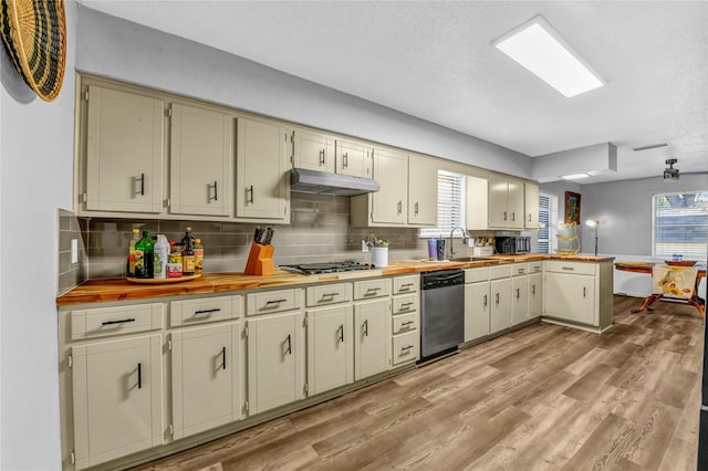 2009 Sheriff Dr, Grand Prairie, TX 75051 - kitchen with appliances with stainless steel finishes, a peninsula, a sink, and butcher block countertops