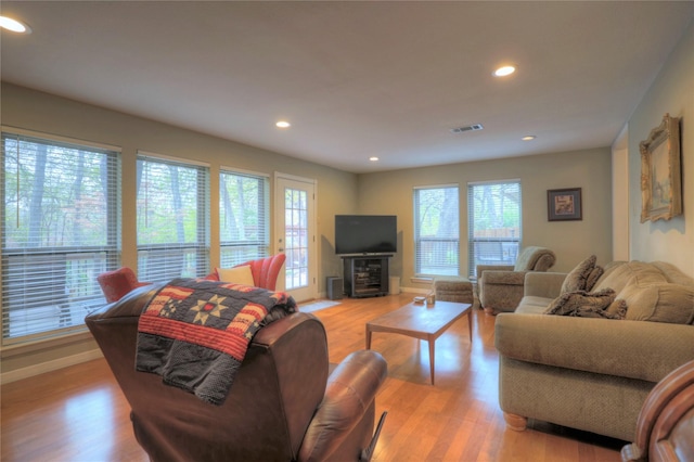 living room with light hardwood / wood-style flooring