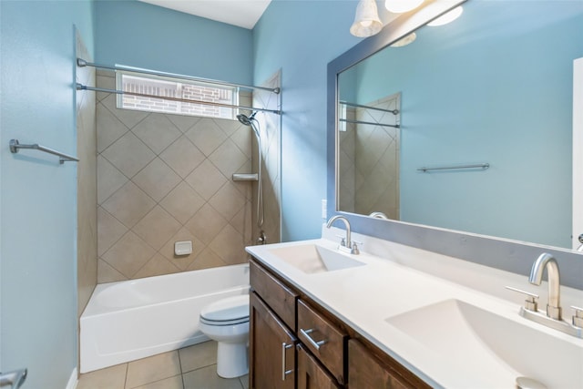 full bathroom featuring tile patterned floors, vanity, toilet, and tiled shower / bath combo