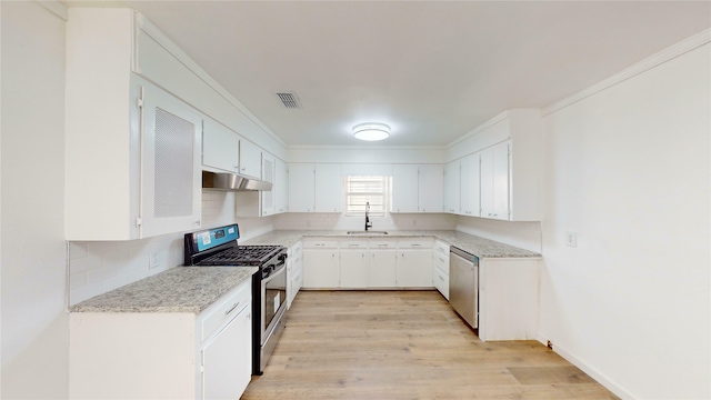 kitchen with tasteful backsplash, white cabinetry, sink, light hardwood / wood-style floors, and stainless steel appliances