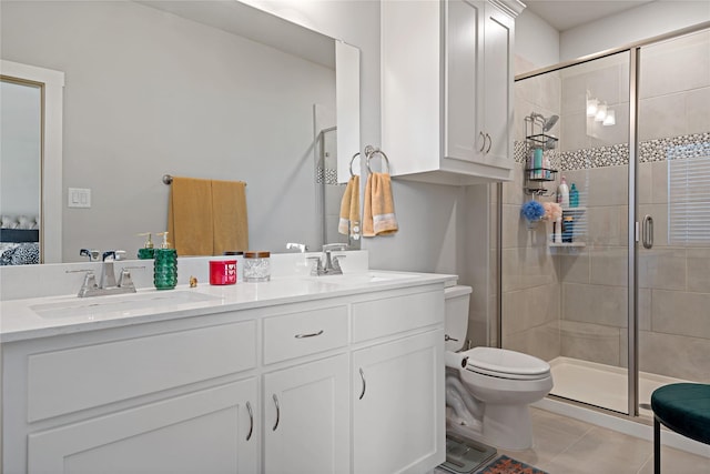 bathroom featuring vanity, an enclosed shower, tile patterned floors, and toilet